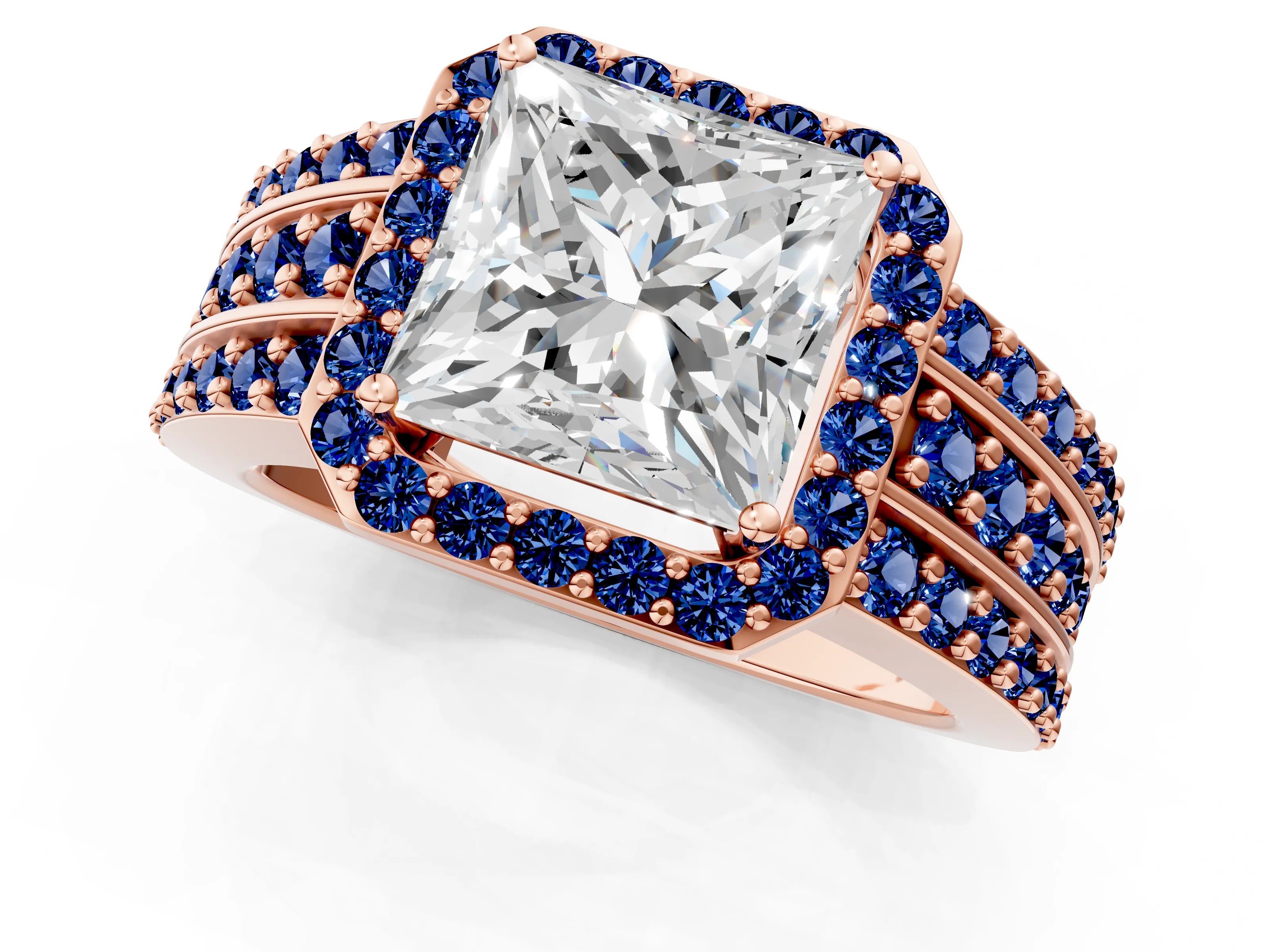Rose gold Princess Cut Halo Diamond Ring with Round with Blue Sapphire side stone Split Shank and Prong Setting_1