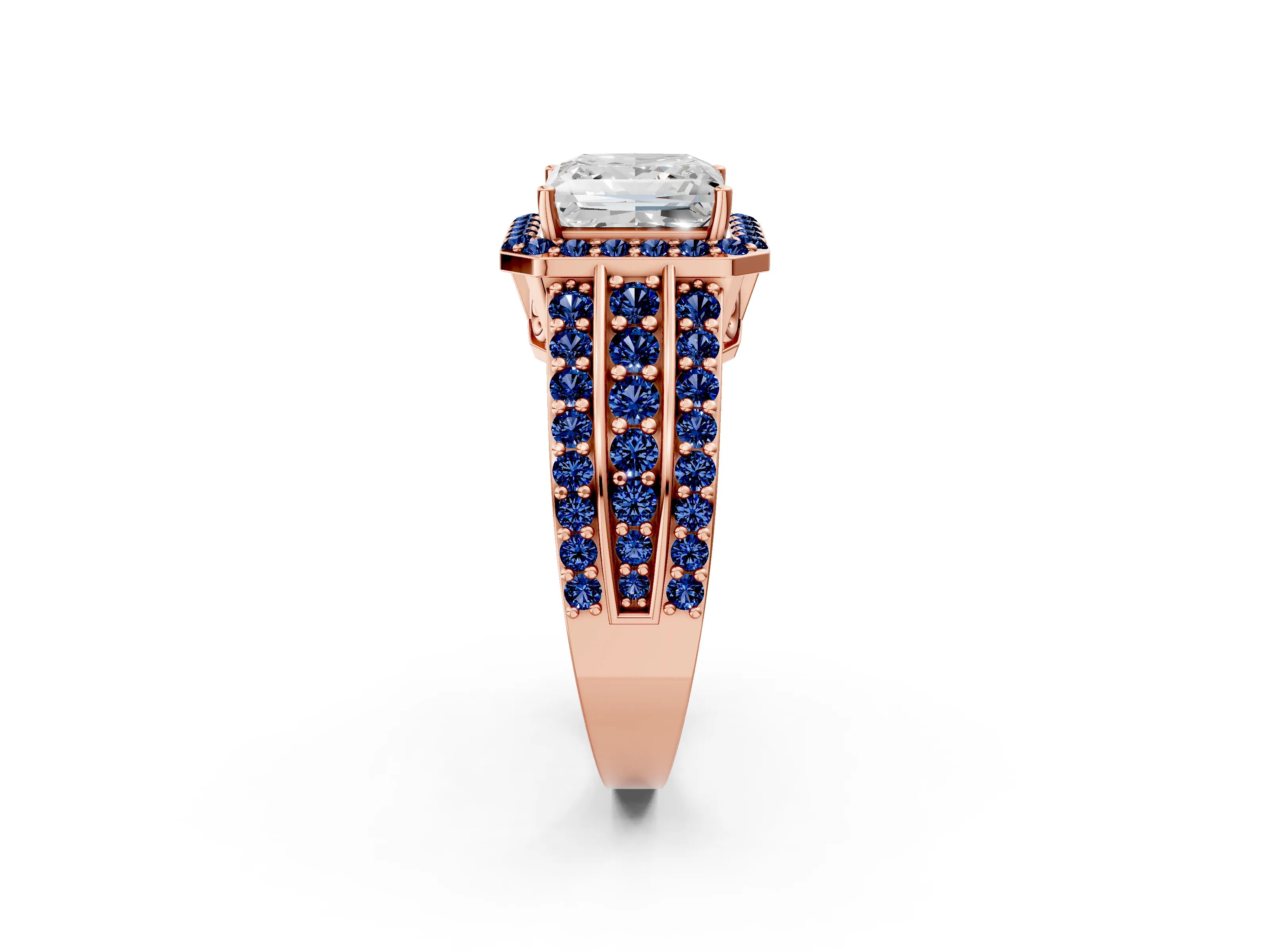 Rose gold Princess Cut Halo Diamond Ring with Round with Blue Sapphire side stone Split Shank and Prong Setting_2
