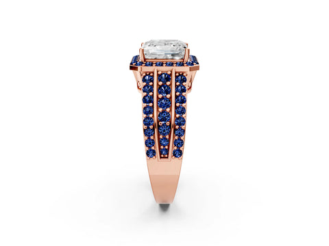 Rose gold Princess Cut Halo Diamond Ring with Round with Blue Sapphire side stone Split Shank and Prong Setting_2
