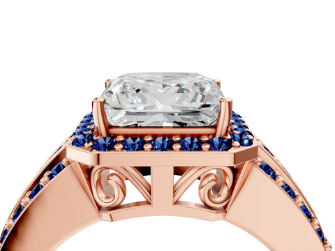 Rose gold Princess Cut Halo Diamond Ring with Round with Blue Sapphire side stone Split Shank and Prong Setting_4