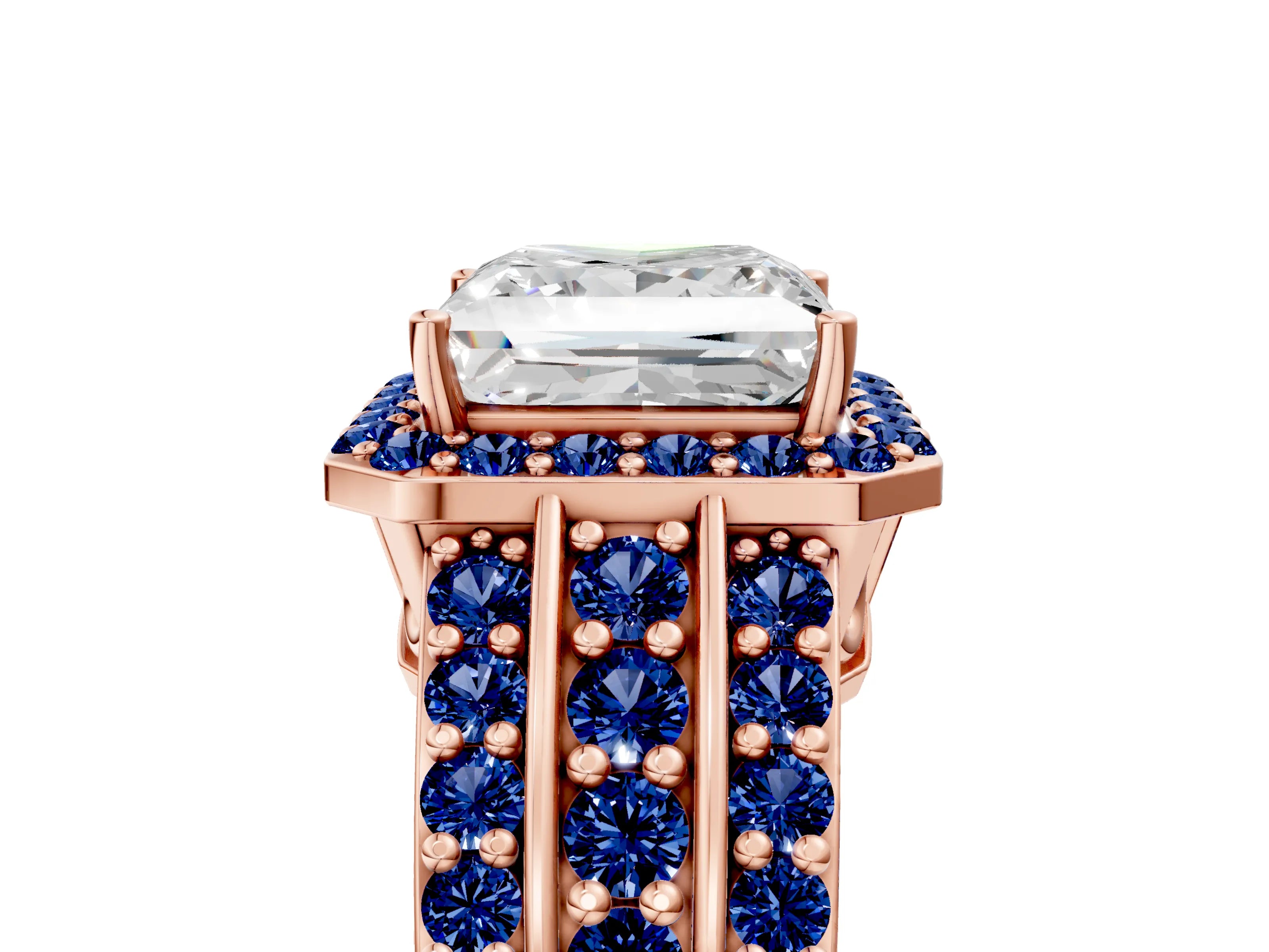 Rose gold Princess Cut Halo Diamond Ring with Round with Blue Sapphire side stone Split Shank and Prong Setting_5