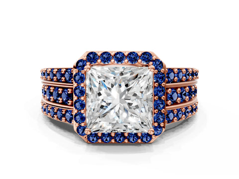 Rose gold Princess Cut Halo Diamond Ring with Round with Blue Sapphire side stone Split Shank and Prong Setting