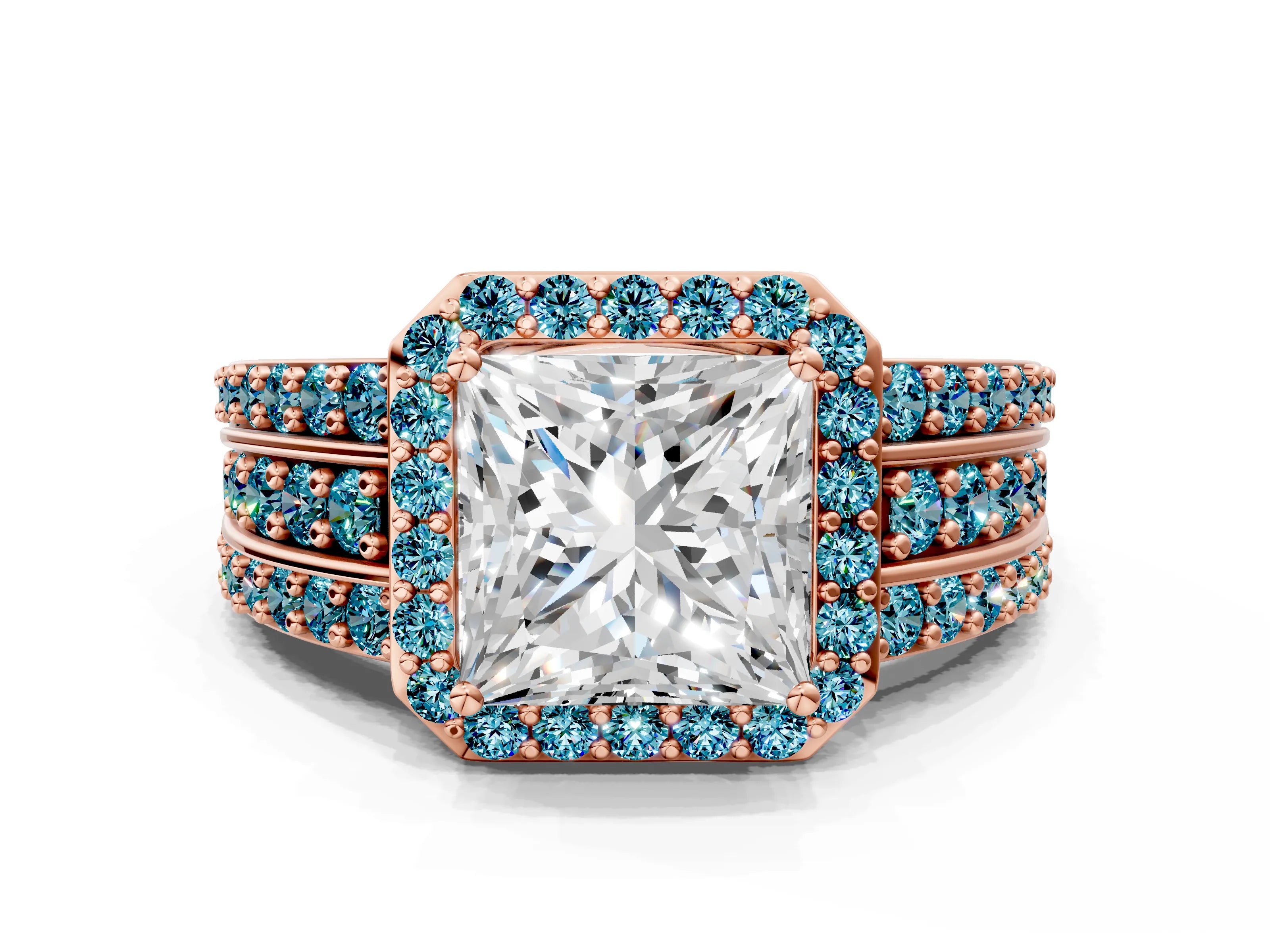 Rose gold Princess Cut Halo Diamond Ring with Round with Blue Topaz side stone Split Shank and Prong Setting
