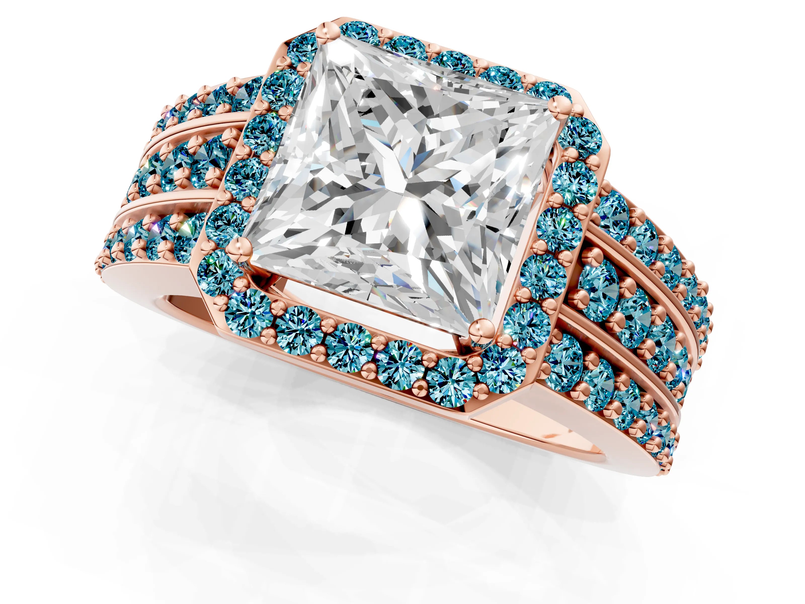 Rose gold Princess Cut Halo Diamond Ring with Round with Blue Topaz side stone Split Shank and Prong Setting_1