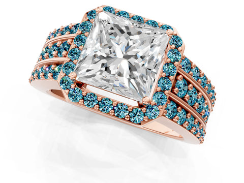 Rose gold Princess Cut Halo Diamond Ring with Round with Blue Topaz side stone Split Shank and Prong Setting_1