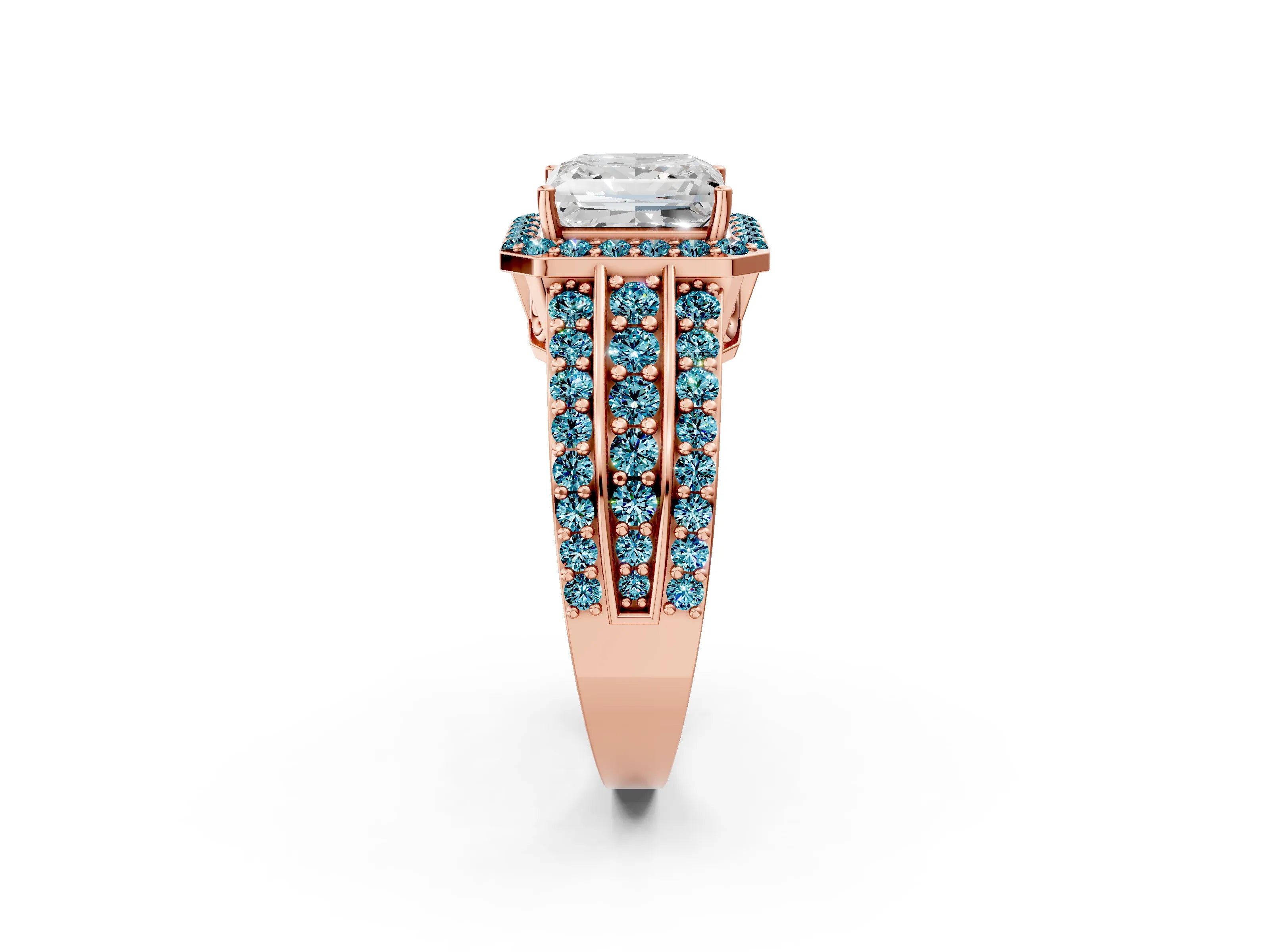 Rose gold Princess Cut Halo Diamond Ring with Round with Blue Topaz side stone Split Shank and Prong Setting_2