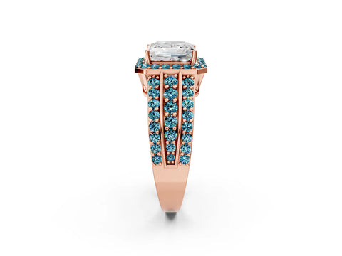 Rose gold Princess Cut Halo Diamond Ring with Round with Blue Topaz side stone Split Shank and Prong Setting_2