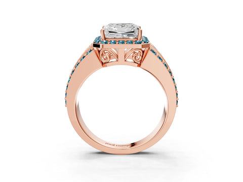Rose gold Princess Cut Halo Diamond Ring with Round with Blue Topaz side stone Split Shank and Prong Setting_3