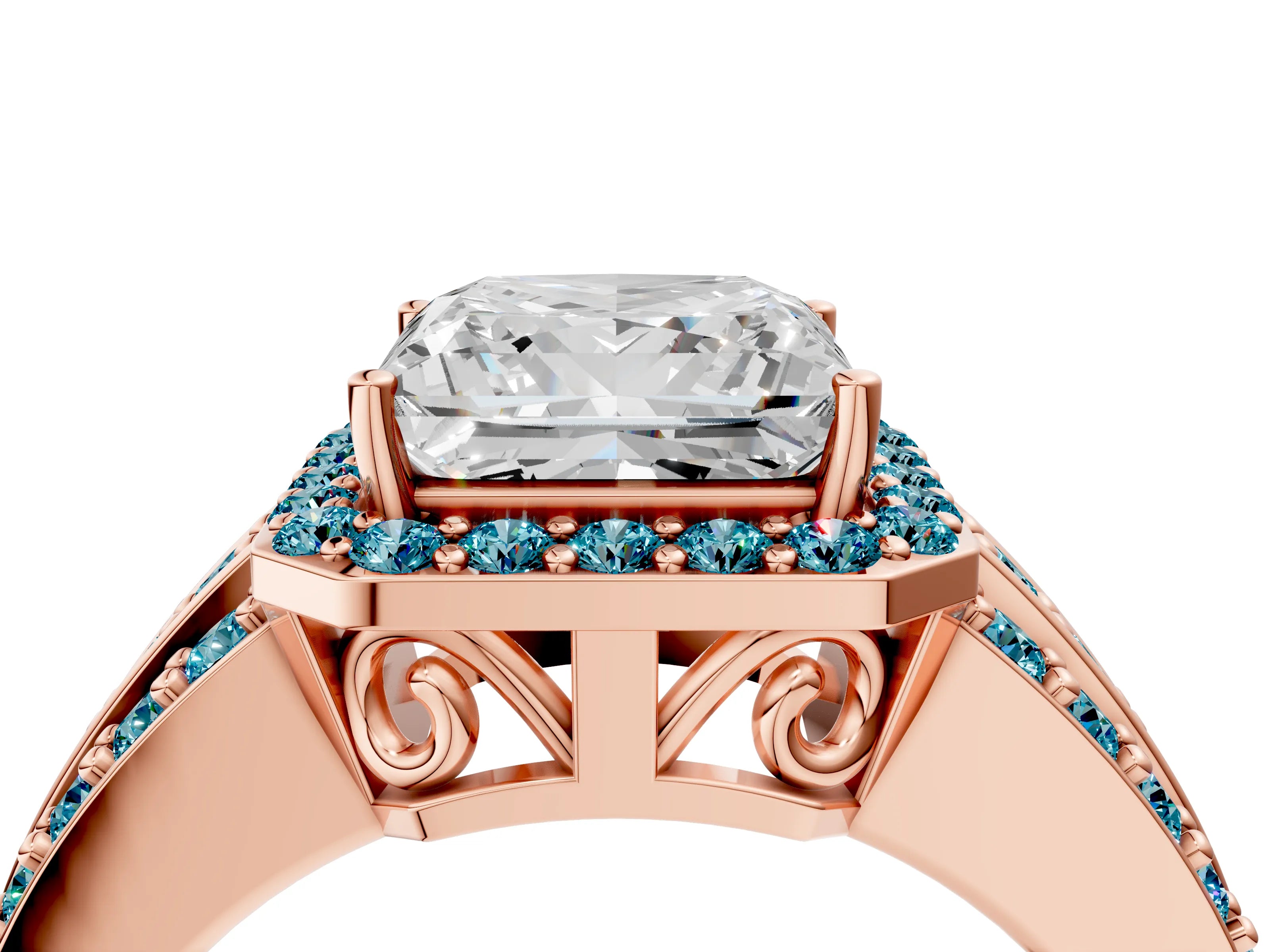 Rose gold Princess Cut Halo Diamond Ring with Round with Blue Topaz side stone Split Shank and Prong Setting_4
