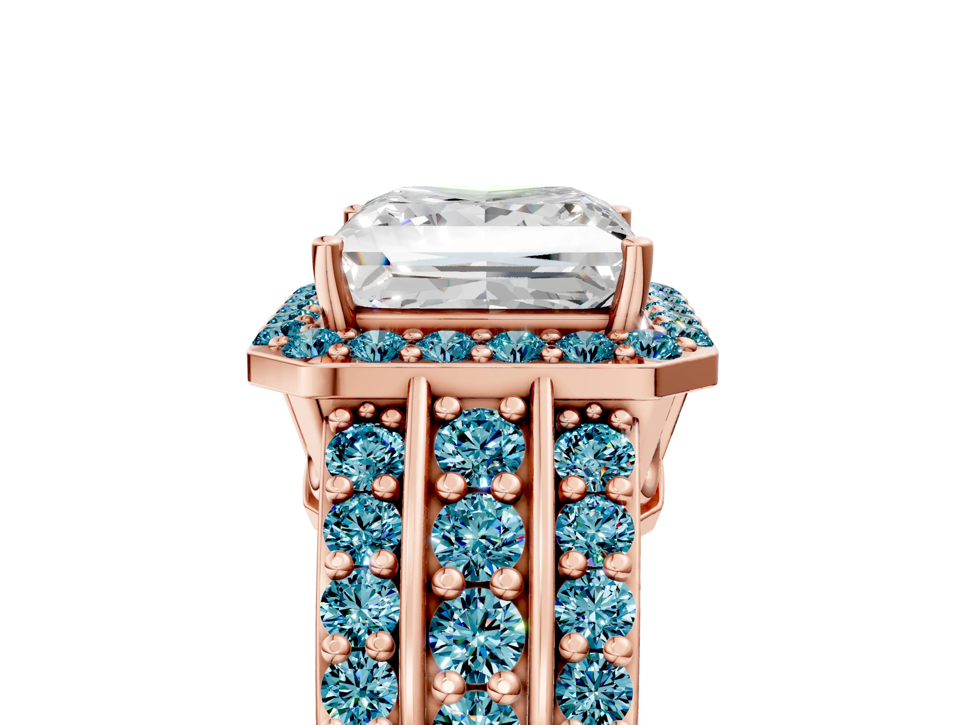 Rose gold Princess Cut Halo Diamond Ring with Round with Blue Topaz side stone Split Shank and Prong Setting_5