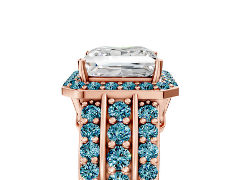 Rose gold Princess Cut Halo Diamond Ring with Round with Blue Topaz side stone Split Shank and Prong Setting_5