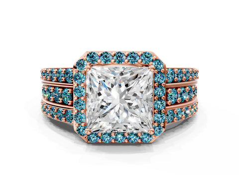 Rose gold Princess Cut Halo Diamond Ring with Round with Blue Topaz side stone Split Shank and Prong Setting