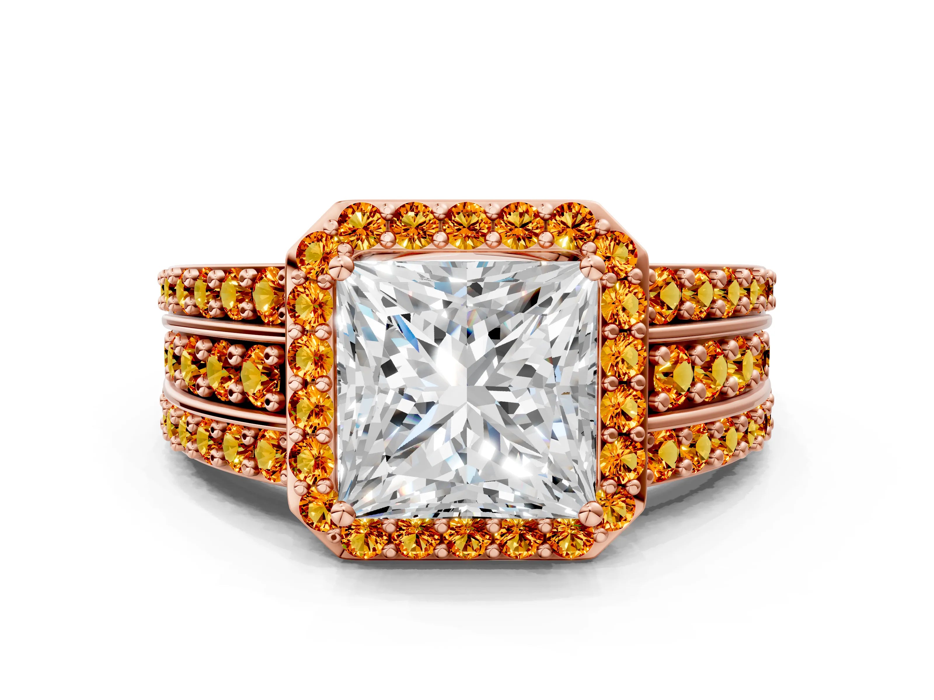 Rose gold Princess Cut Halo Diamond Ring with Round with Citrine side stone Split Shank and Prong Setting