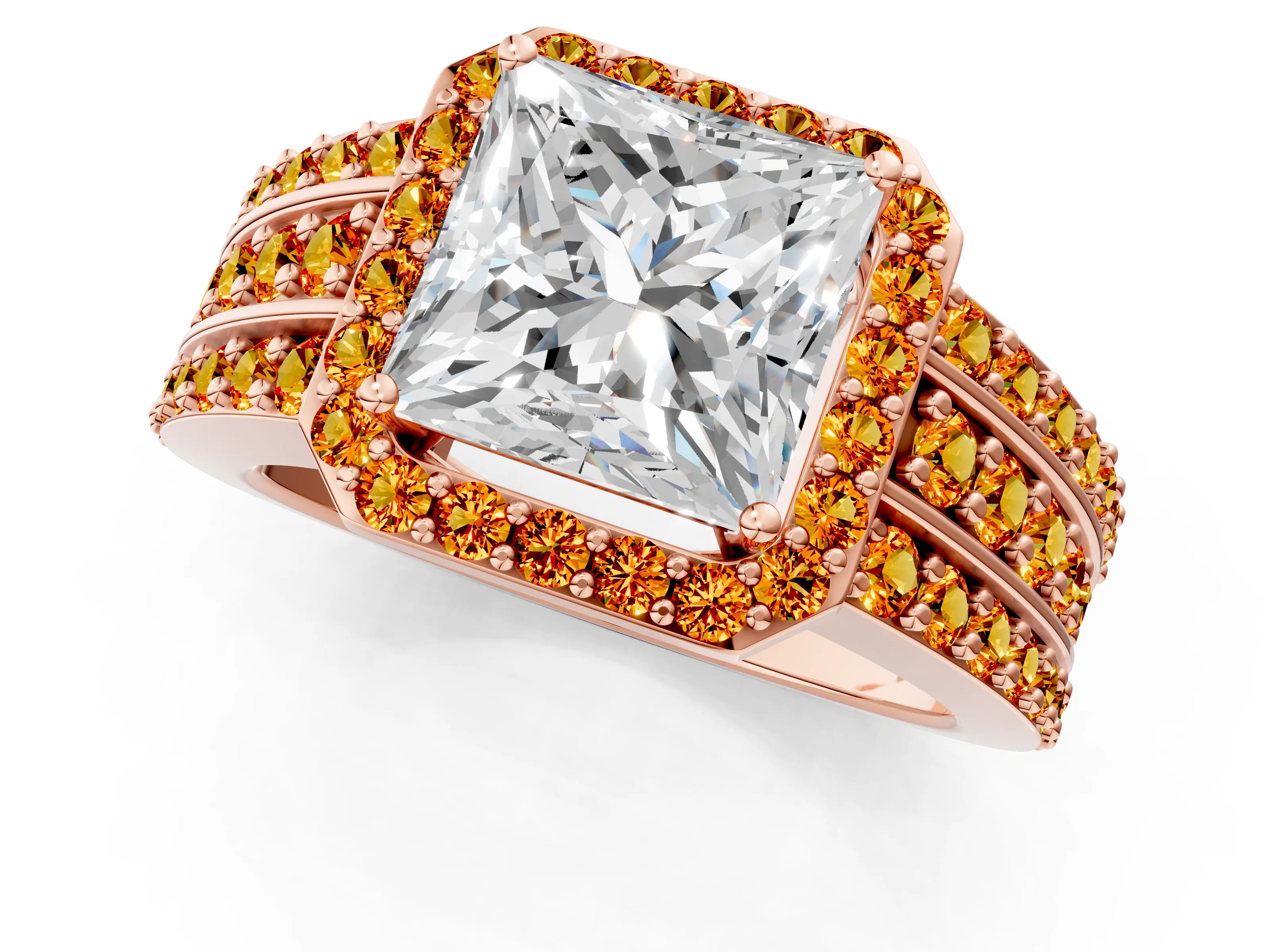 Rose gold Princess Cut Halo Diamond Ring with Round with Citrine side stone Split Shank and Prong Setting_1