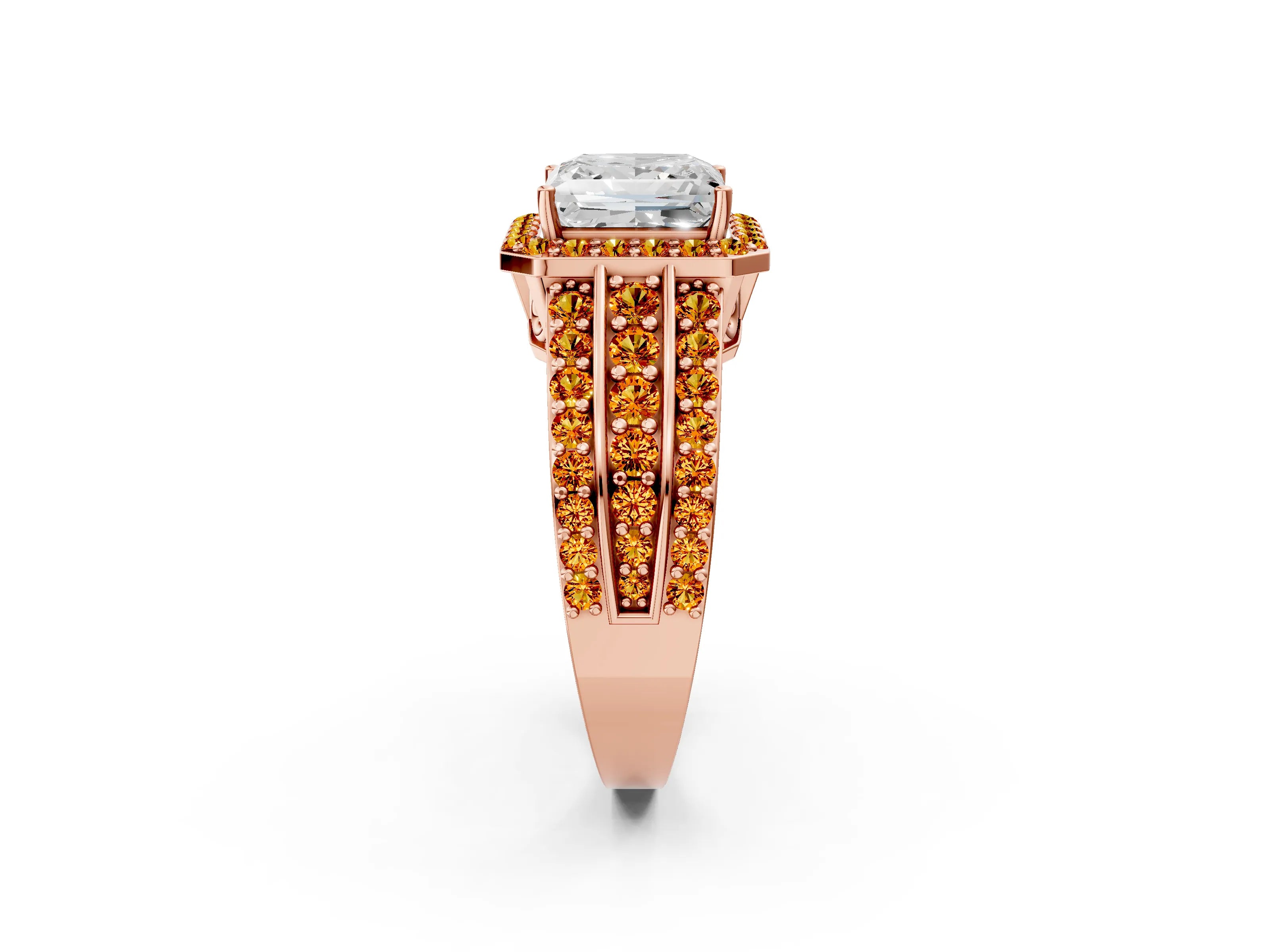 Rose gold Princess Cut Halo Diamond Ring with Round with Citrine side stone Split Shank and Prong Setting_2