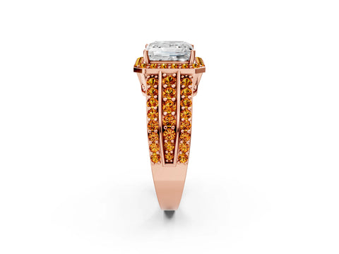 Rose gold Princess Cut Halo Diamond Ring with Round with Citrine side stone Split Shank and Prong Setting_2