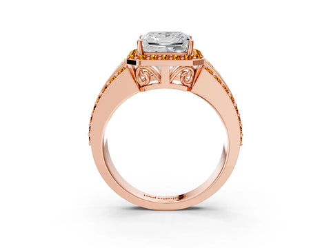 Rose gold Princess Cut Halo Diamond Ring with Round with Citrine side stone Split Shank and Prong Setting_3