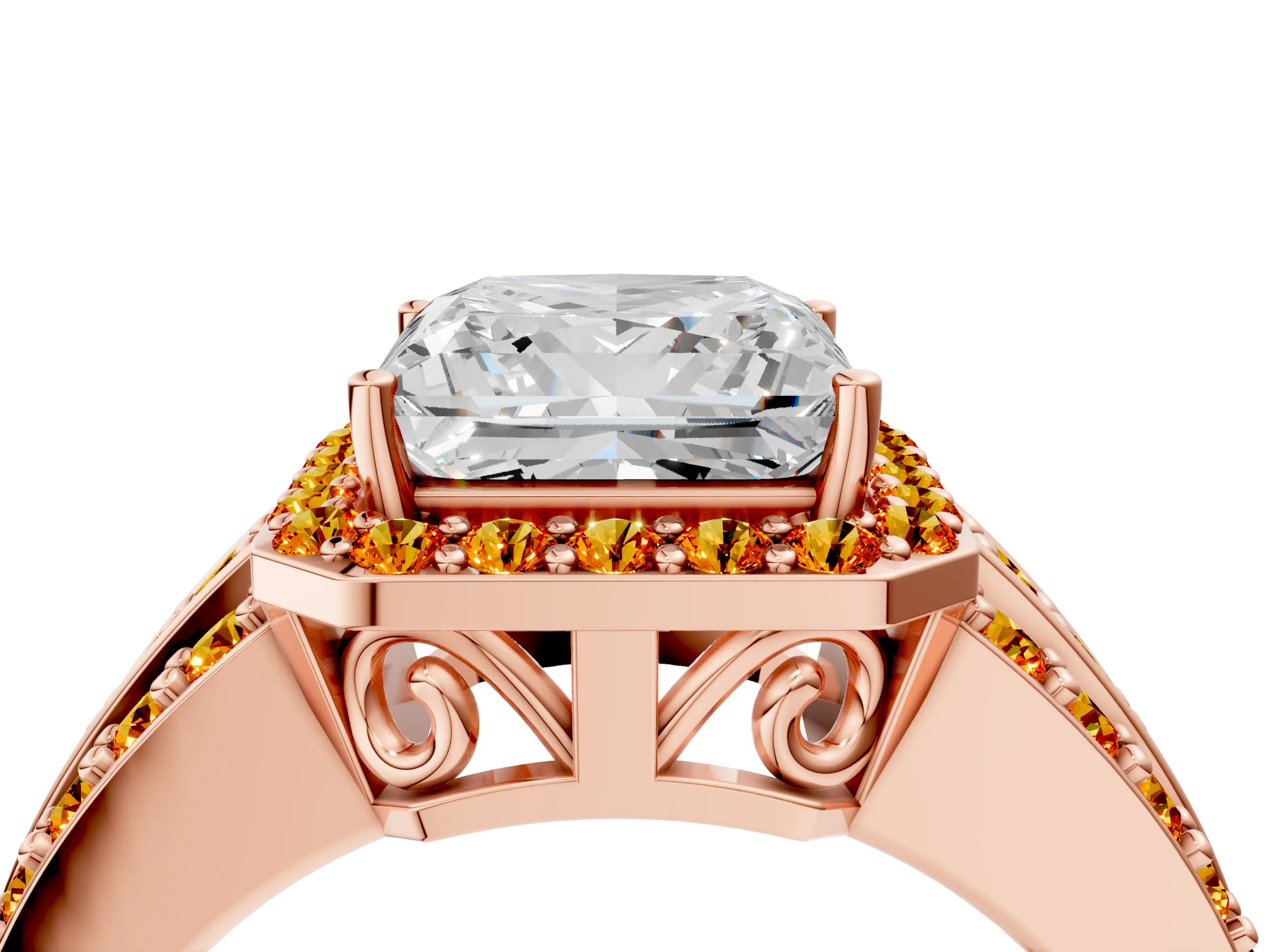 Rose gold Princess Cut Halo Diamond Ring with Round with Citrine side stone Split Shank and Prong Setting_4