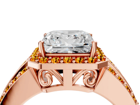 Rose gold Princess Cut Halo Diamond Ring with Round with Citrine side stone Split Shank and Prong Setting_4