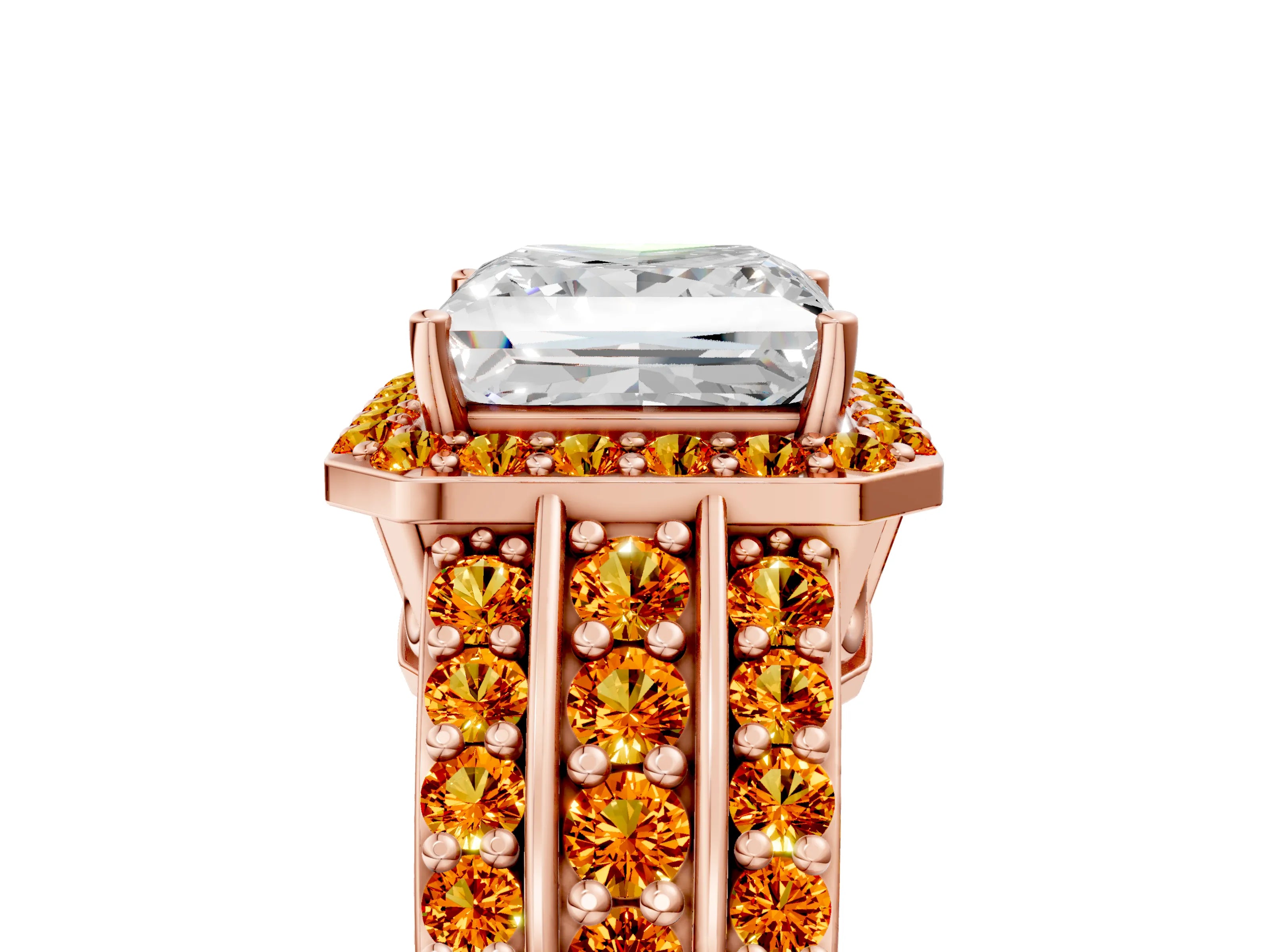 Rose gold Princess Cut Halo Diamond Ring with Round with Citrine side stone Split Shank and Prong Setting_5