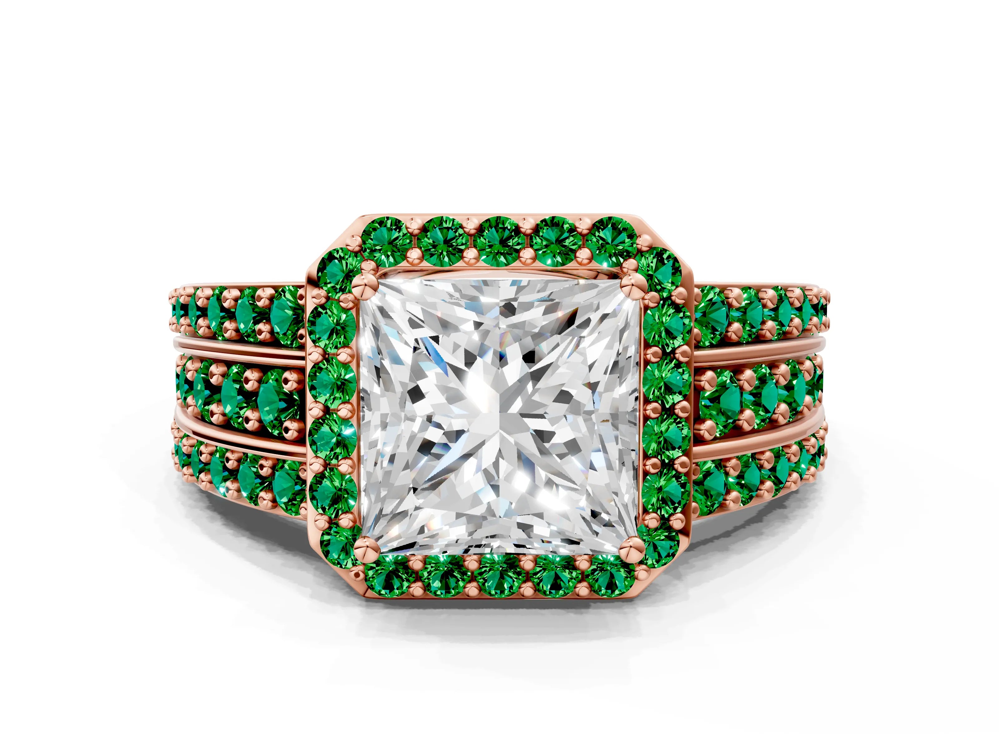 Rose gold Princess Cut Halo Diamond Ring with Round with Emerald side stone Split Shank and Prong Setting