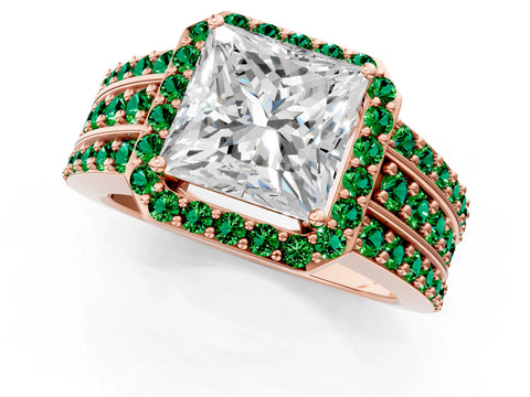 Rose gold Princess Cut Halo Diamond Ring with Round with Emerald side stone Split Shank and Prong Setting_1