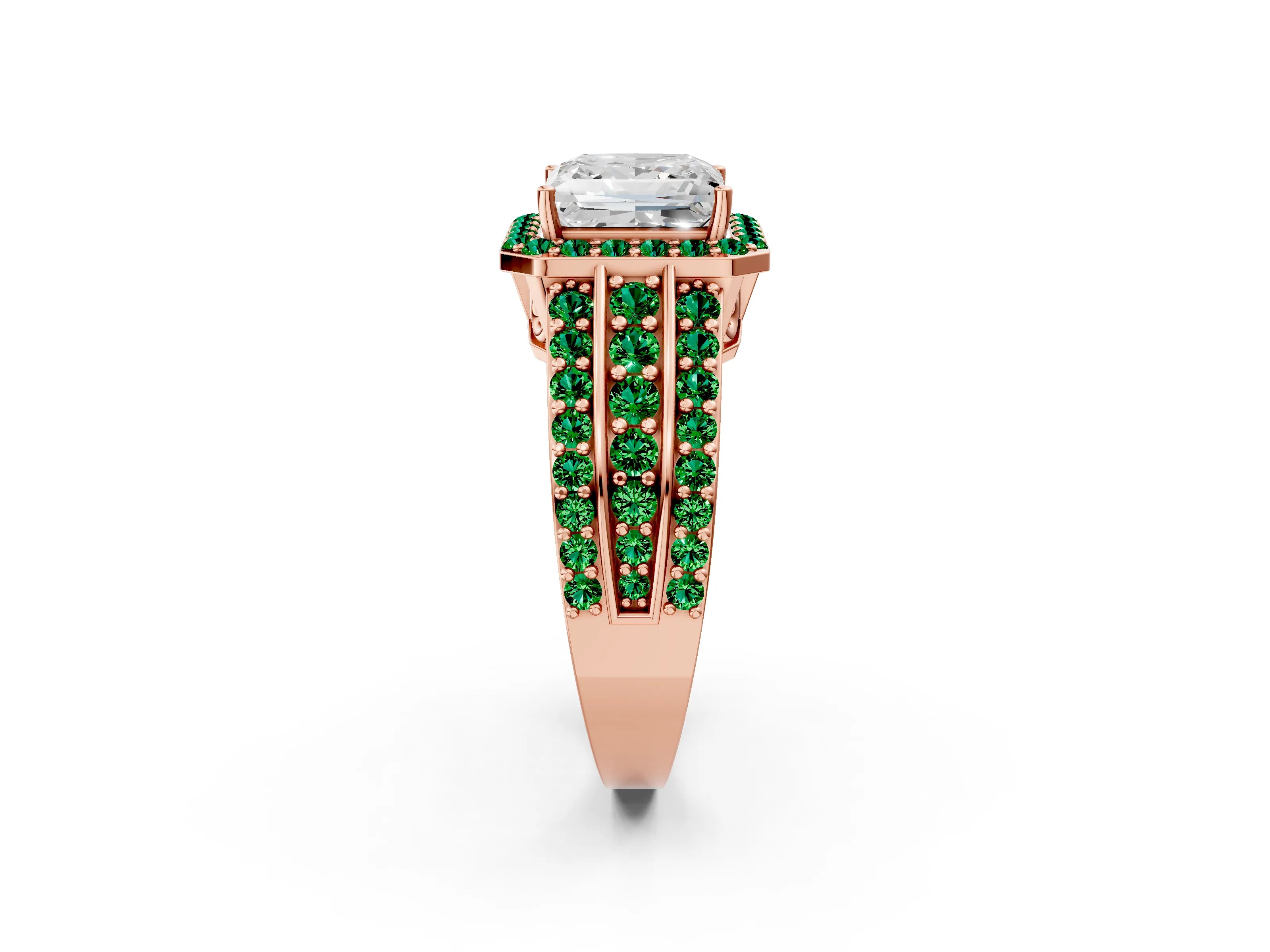 Rose gold Princess Cut Halo Diamond Ring with Round with Emerald side stone Split Shank and Prong Setting_2