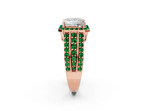 Rose gold Princess Cut Halo Diamond Ring with Round with Emerald side stone Split Shank and Prong Setting_2