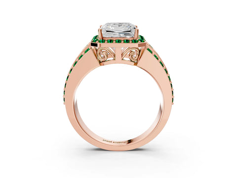 Rose gold Princess Cut Halo Diamond Ring with Round with Emerald side stone Split Shank and Prong Setting_3