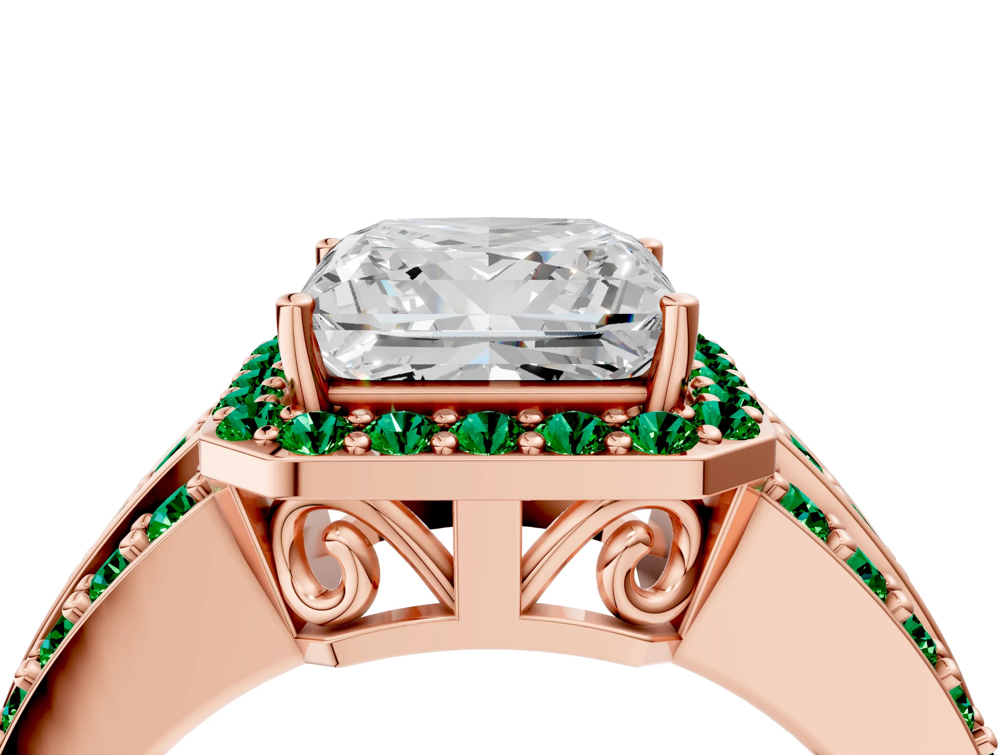 Rose gold Princess Cut Halo Diamond Ring with Round with Emerald side stone Split Shank and Prong Setting_4