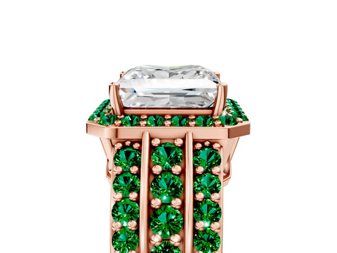 Rose gold Princess Cut Halo Diamond Ring with Round with Emerald side stone Split Shank and Prong Setting_5