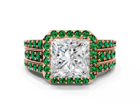 Rose gold Princess Cut Halo Diamond Ring with Round with Emerald side stone Split Shank and Prong Setting