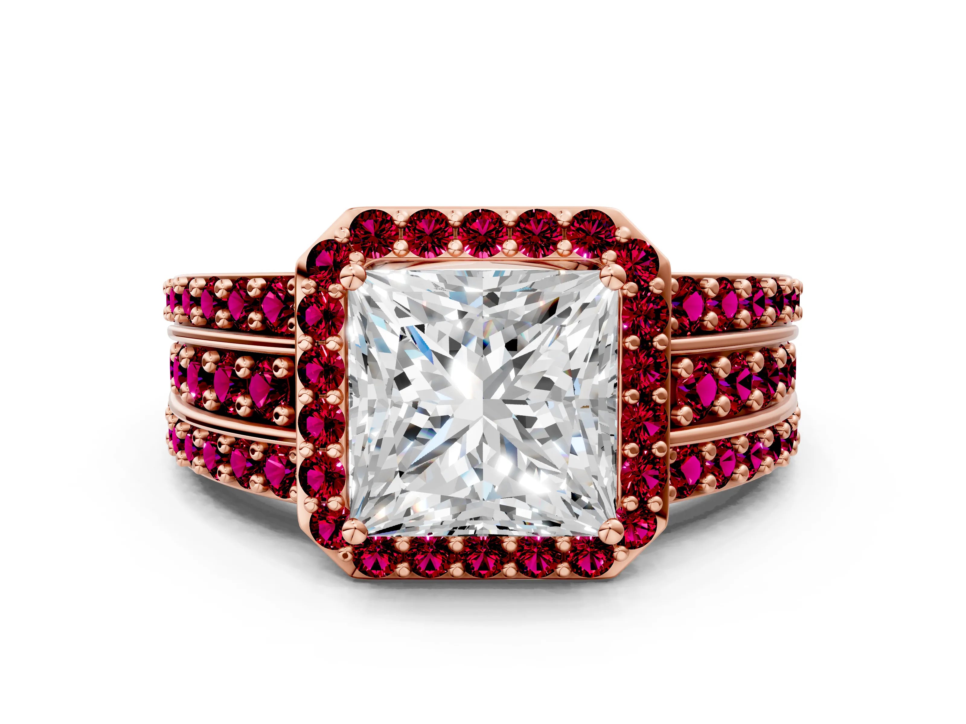 Rose gold Princess Cut Halo Diamond Ring with Round with Garnet side stone Split Shank and Prong Setting