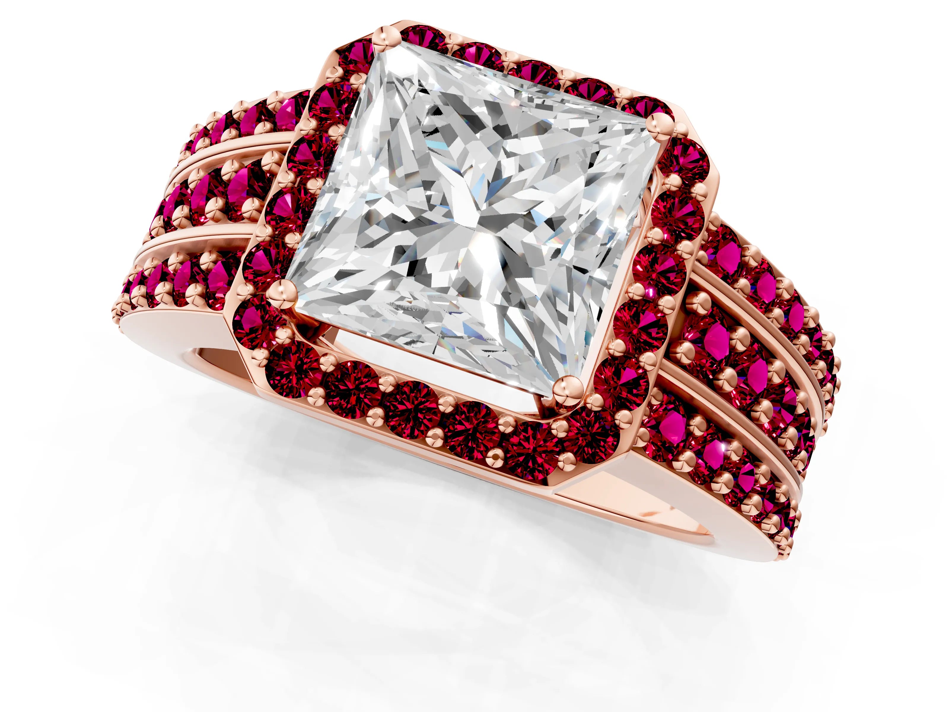 Rose gold Princess Cut Halo Diamond Ring with Round with Garnet side stone Split Shank and Prong Setting_1