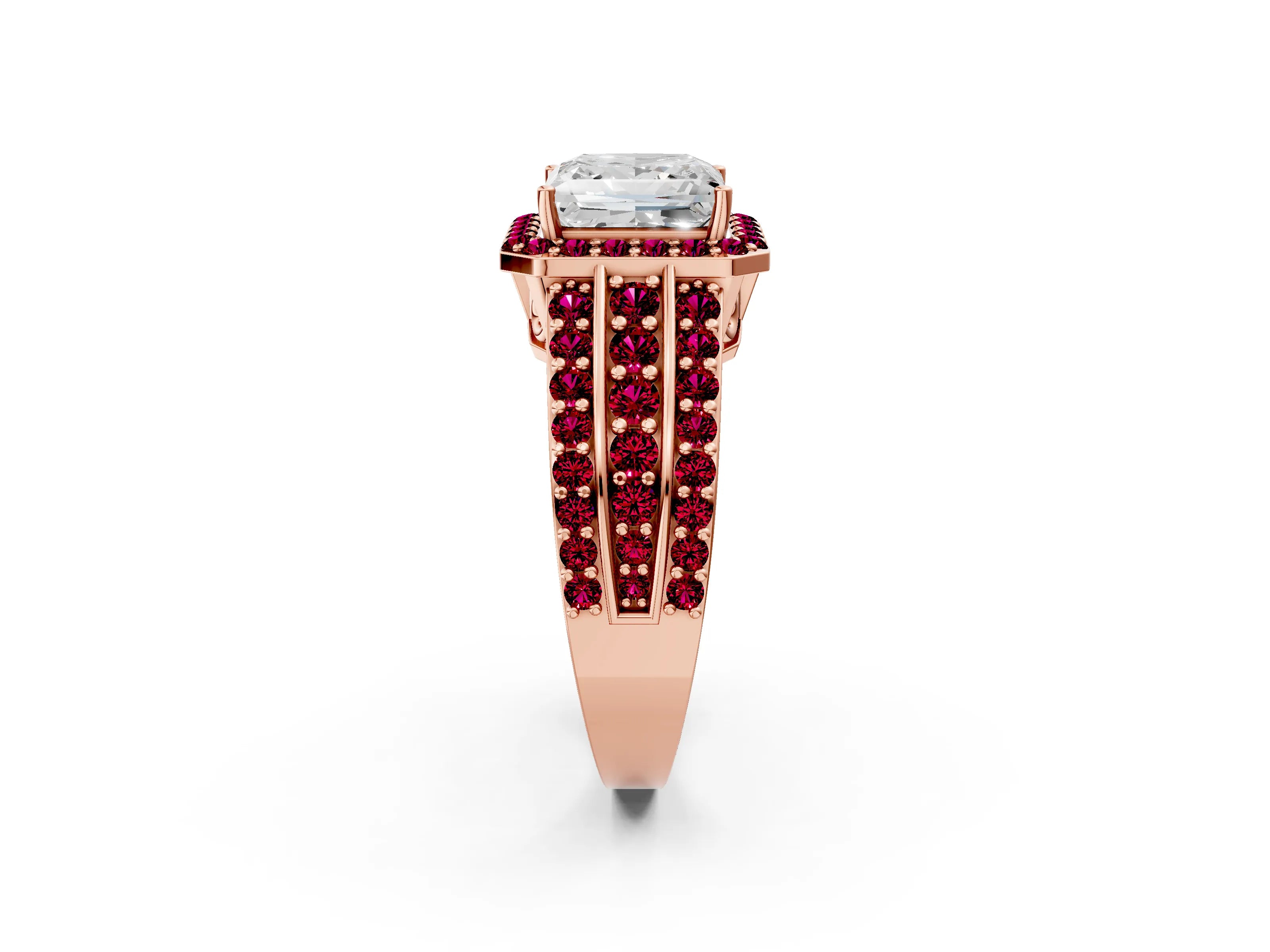 Rose gold Princess Cut Halo Diamond Ring with Round with Garnet side stone Split Shank and Prong Setting_2