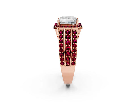 Rose gold Princess Cut Halo Diamond Ring with Round with Garnet side stone Split Shank and Prong Setting_2
