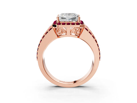 Rose gold Princess Cut Halo Diamond Ring with Round with Garnet side stone Split Shank and Prong Setting_3