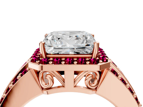 Rose gold Princess Cut Halo Diamond Ring with Round with Garnet side stone Split Shank and Prong Setting_4
