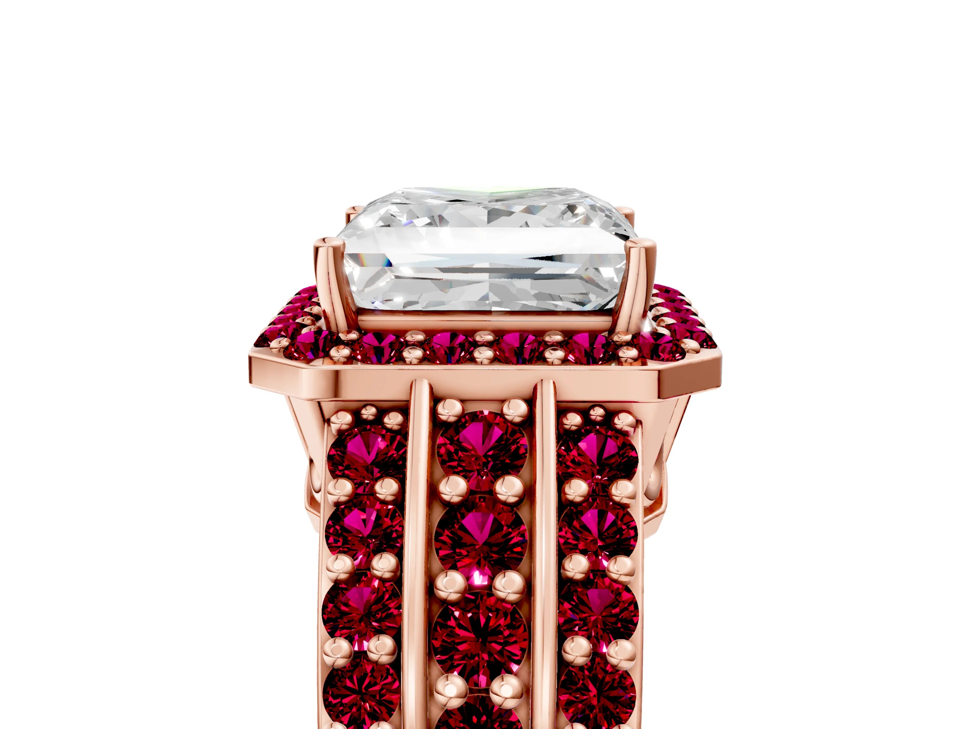 Rose gold Princess Cut Halo Diamond Ring with Round with Garnet side stone Split Shank and Prong Setting_5