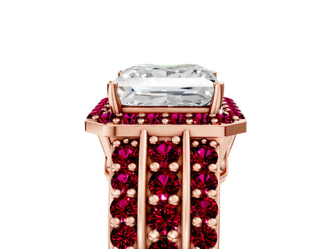 Rose gold Princess Cut Halo Diamond Ring with Round with Garnet side stone Split Shank and Prong Setting_5