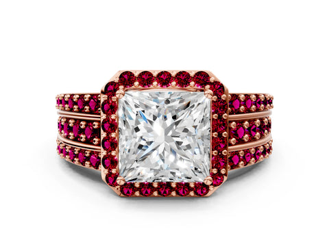 Rose gold Princess Cut Halo Diamond Ring with Round with Garnet side stone Split Shank and Prong Setting