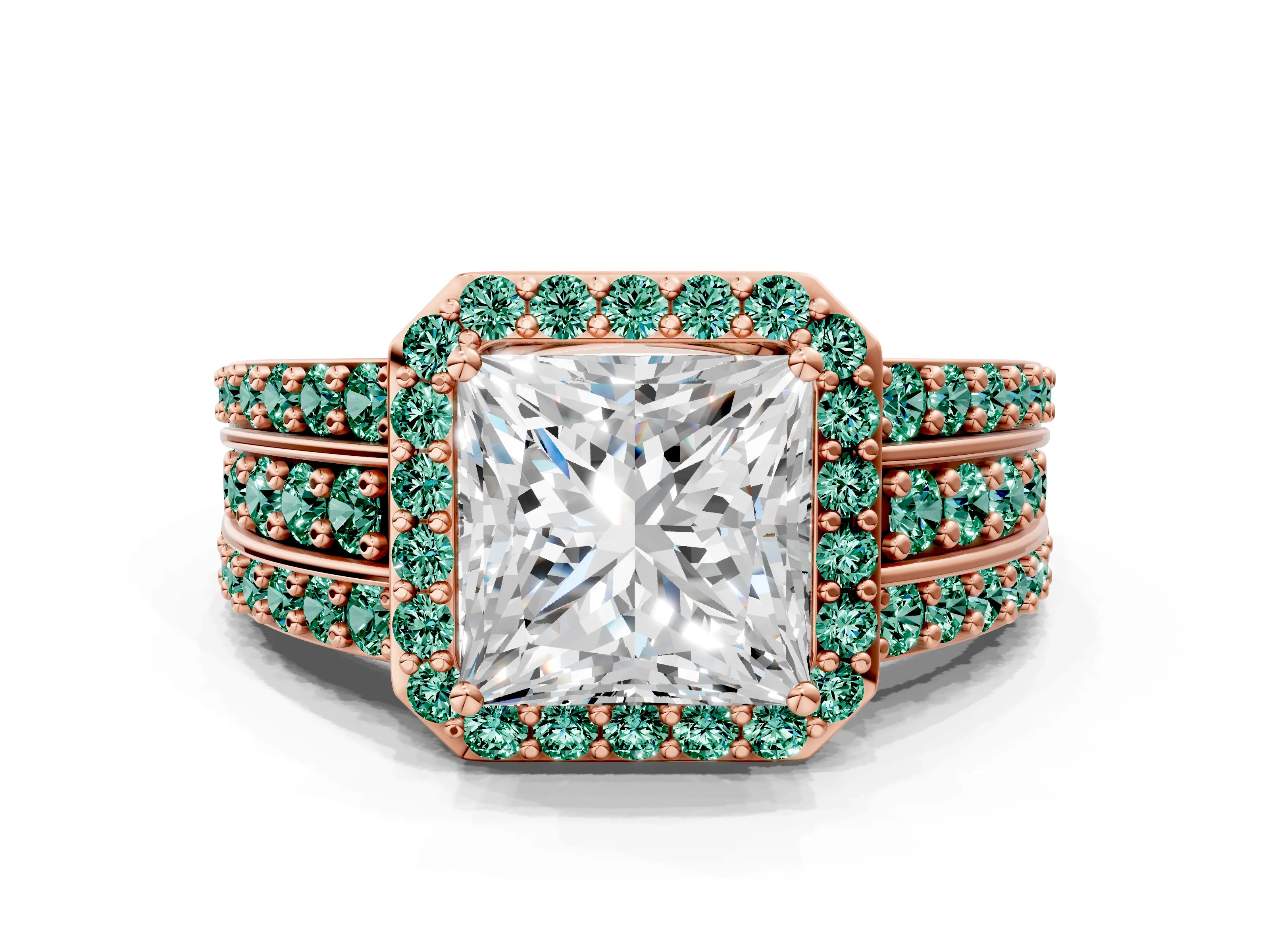 Rose gold Princess Cut Halo Diamond Ring with Round with Green Sapphire side stone Split Shank and Prong Setting