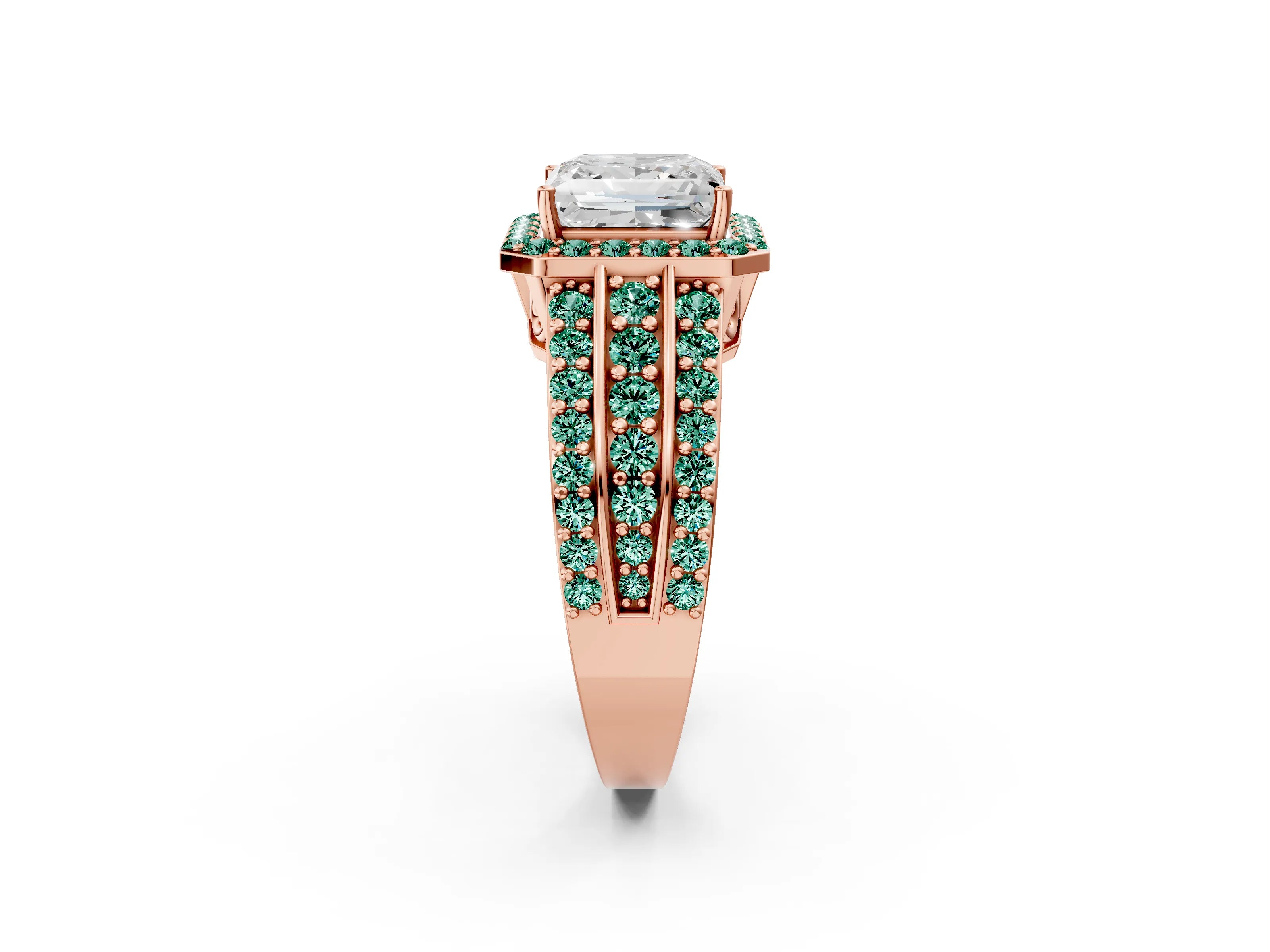 Rose gold Princess Cut Halo Diamond Ring with Round with Green Sapphire side stone Split Shank and Prong Setting_2