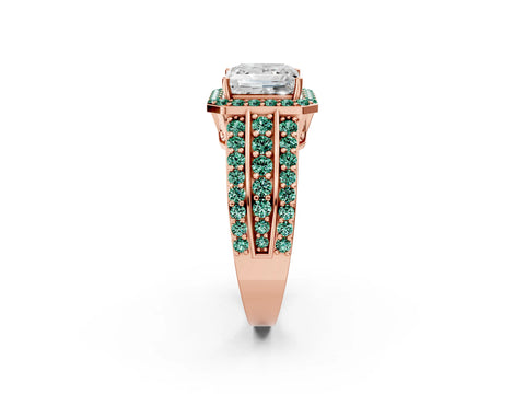 Rose gold Princess Cut Halo Diamond Ring with Round with Green Sapphire side stone Split Shank and Prong Setting_2