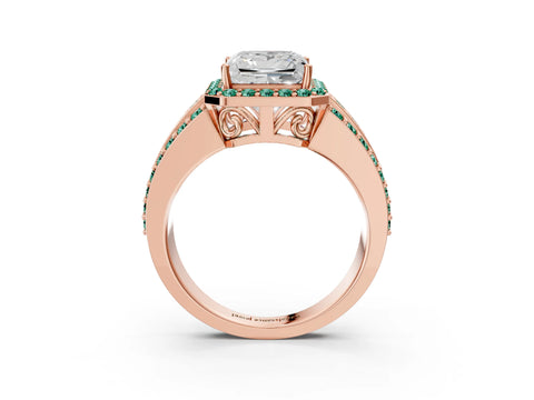 Rose gold Princess Cut Halo Diamond Ring with Round with Green Sapphire side stone Split Shank and Prong Setting_3