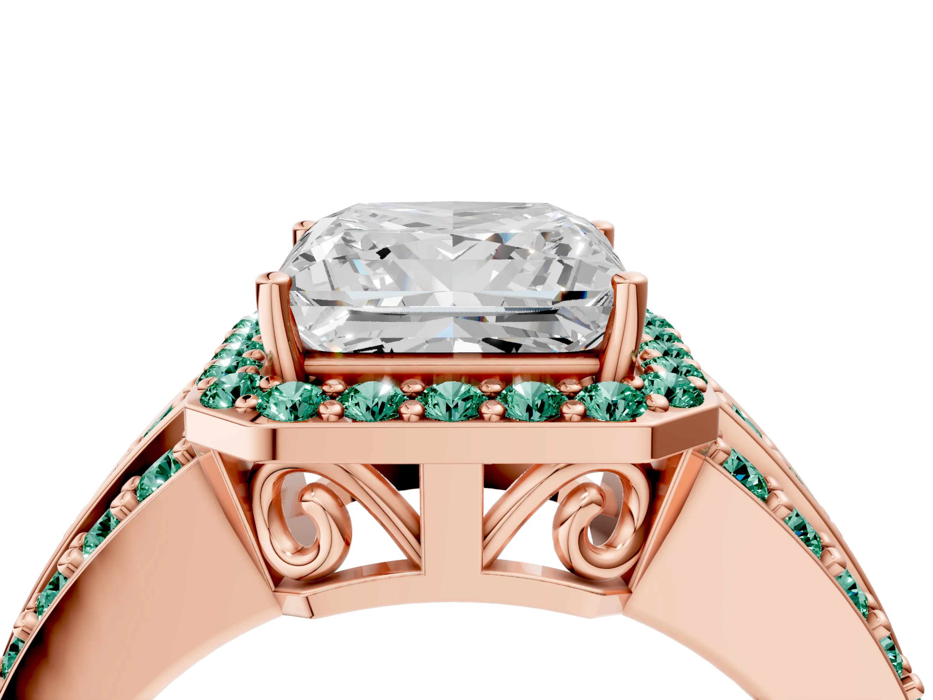 Rose gold Princess Cut Halo Diamond Ring with Round with Green Sapphire side stone Split Shank and Prong Setting_4