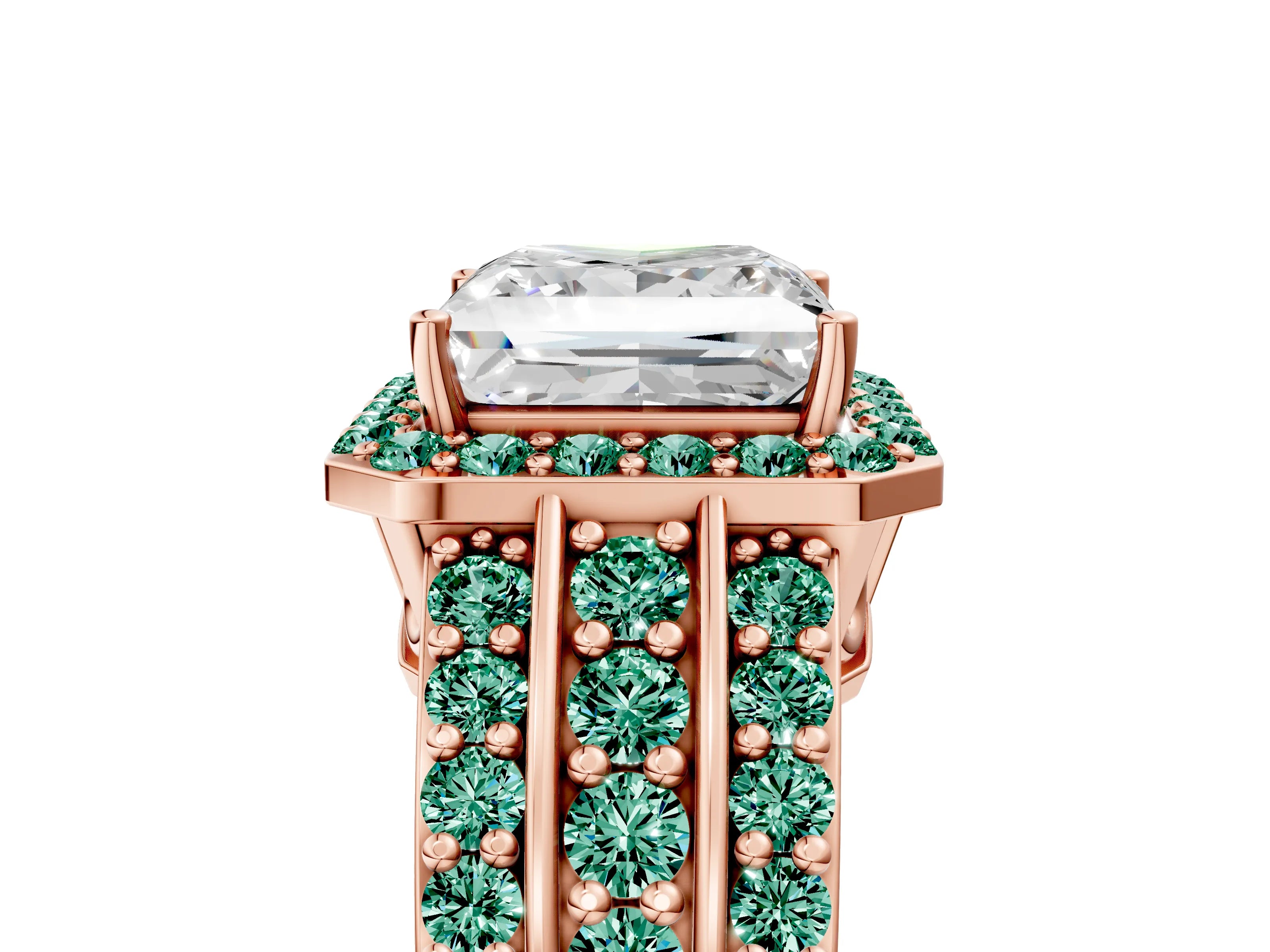 Rose gold Princess Cut Halo Diamond Ring with Round with Green Sapphire side stone Split Shank and Prong Setting_5