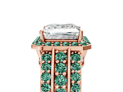 Rose gold Princess Cut Halo Diamond Ring with Round with Green Sapphire side stone Split Shank and Prong Setting_5