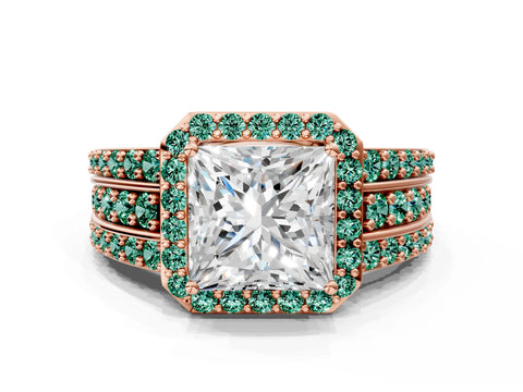 Rose gold Princess Cut Halo Diamond Ring with Round with Green Sapphire side stone Split Shank and Prong Setting