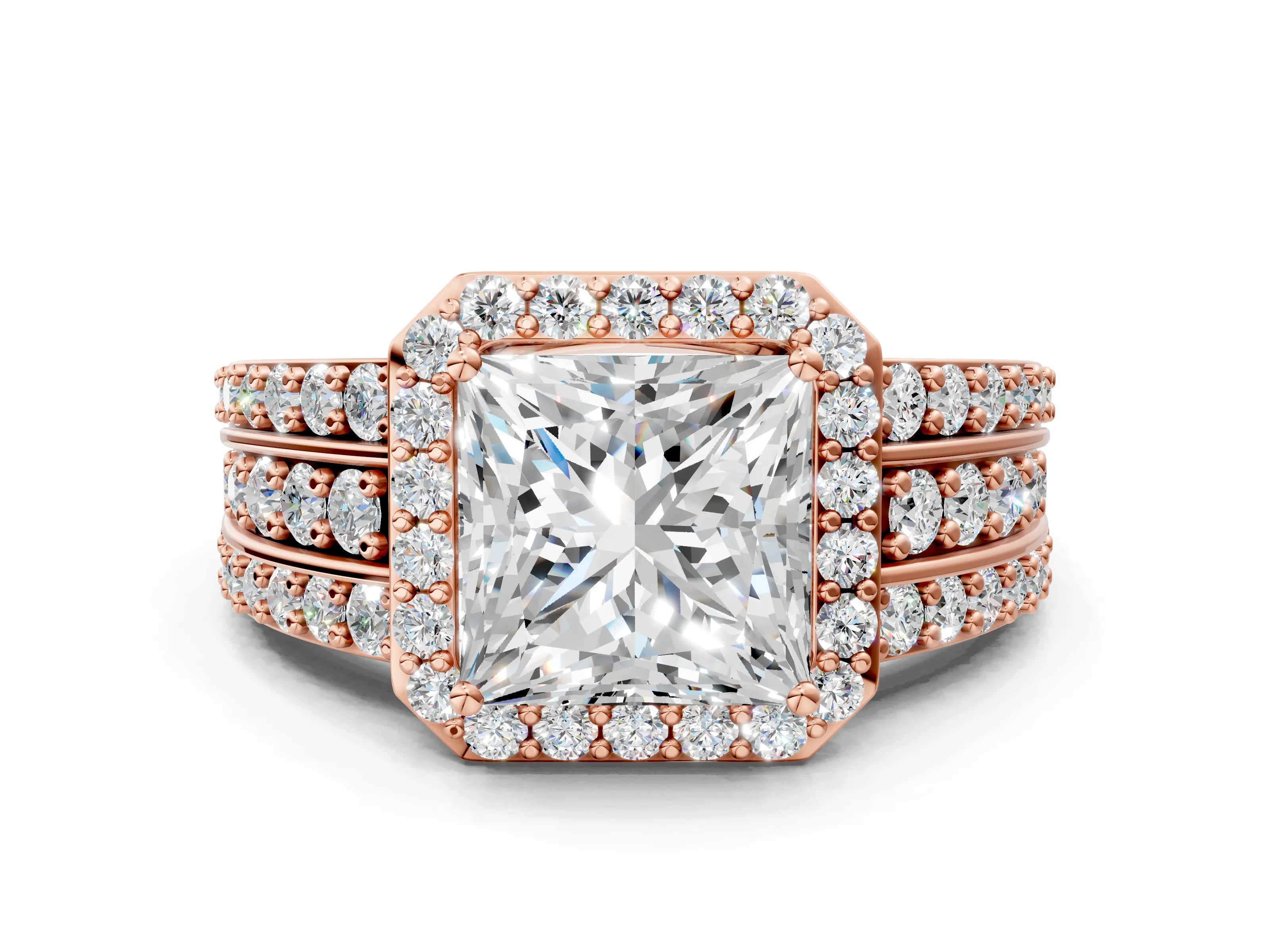 Rose gold Princess Cut Halo Diamond Ring with Round with Moissanite side stone Split Shank and Prong Setting